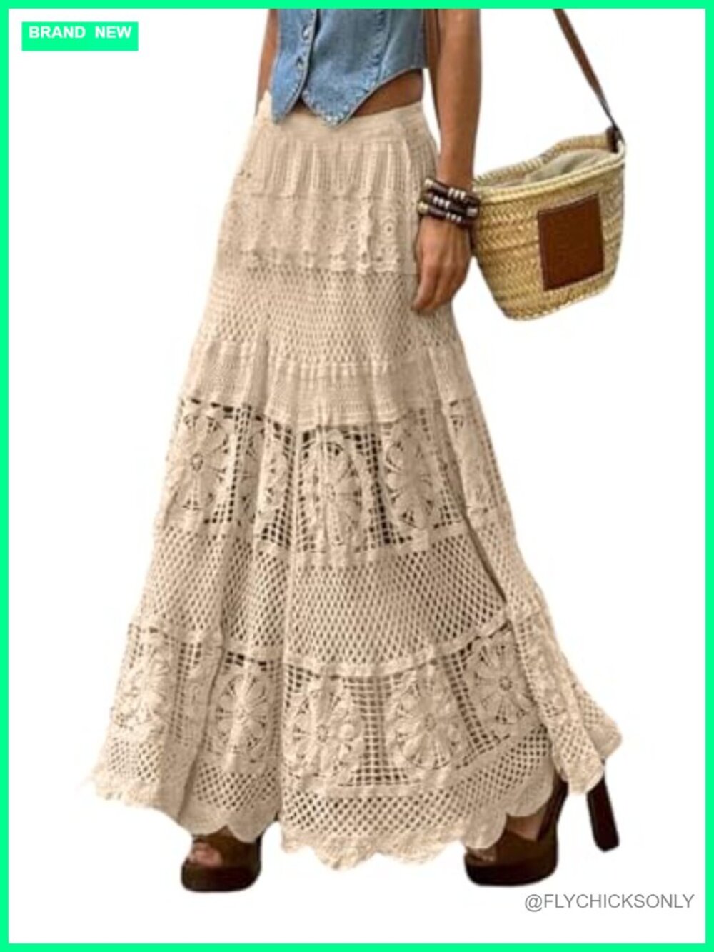 Women's Crochet Lace Maxi Boho A-Line Skirt Elastic Waist Summer